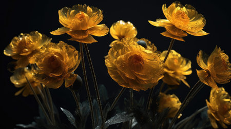 Beautiful yellow ranunculus flowers on black background, closeupの素材