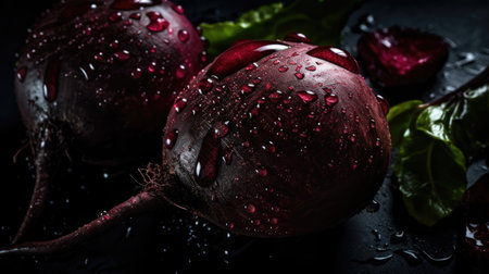 Fresh beetroot with water drops on a black background. Selective focus.の素材