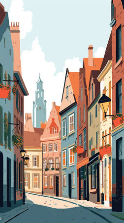 Street in the old town of Bruges, Belgium. Vector illustrationの素材