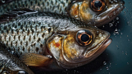 Close-up of fresh fish with water drops on black background.の素材