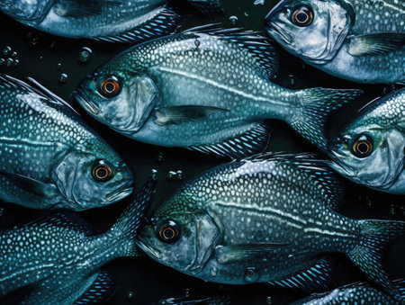 Fresh fish on black background. Top view. Toned image.の素材