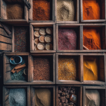 Colorful spices in wooden box. Top view. Toned.の素材