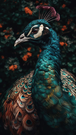 Beautiful peacock on a background of green leaves. Peacock portrait.の素材
