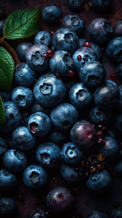 Fresh blueberries with green leaves on dark wooden background. Top view.の素材