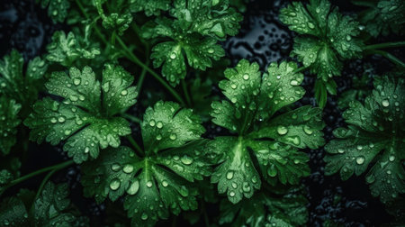Fresh green parsley leaves with water drops on dark background, top view.の素材