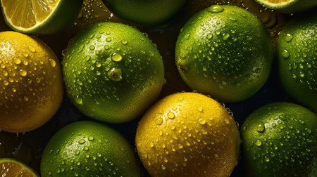 Citrus fruit background. Lemons and limes in water dropsの素材