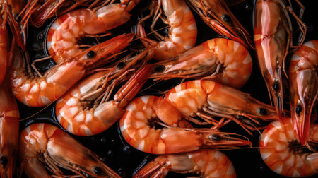 Boiled shrimp on black background, top view. Seafood backgroundの素材