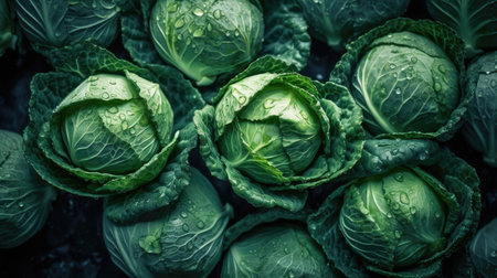 Cabbage background. Close up of green cabbage with water drops.の素材