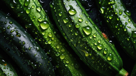 fresh cucumbers with water drops on a dark background, close upの素材