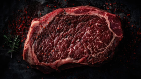 Raw T-bone steak with spices on black background. Top viewの素材