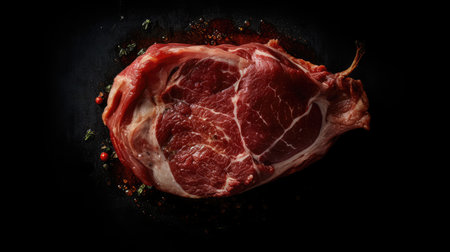Raw fresh beef steak with spices on a black background. Toned.の素材