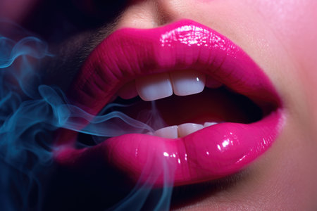 Beautiful female lips with pink lipstick and smoke. Close up.の素材