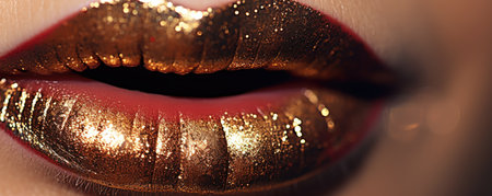 Beautiful female lips with golden glitter makeup. Close-up.の素材