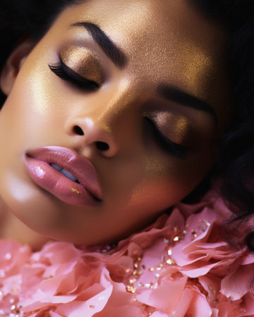 Fashion portrait of a beautiful young african american woman with golden make-up and pink flowersの素材