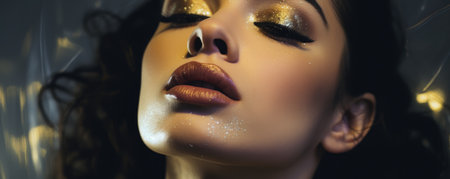 Close-up portrait of a beautiful girl with golden make-upの素材