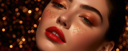 Portrait of a beautiful woman with bright make-up and red lipsの素材