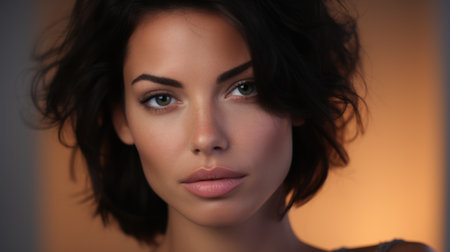 Portrait of a beautiful young brunette woman with makeup in fashion clothesの素材
