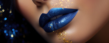 Close-up portrait of beautiful woman with blue lips makeup and golden sparkles.の素材