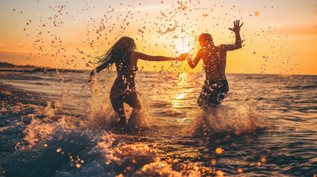 Lovers woman and man walk on the seashore at sunset and dawnの素材