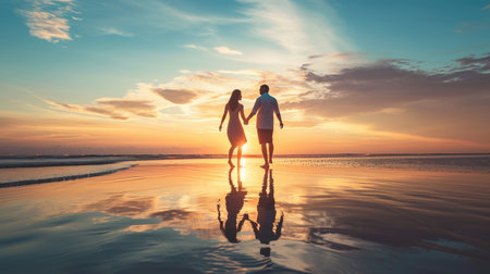 Lovers woman and man walk on the seashore at sunset and dawnの素材