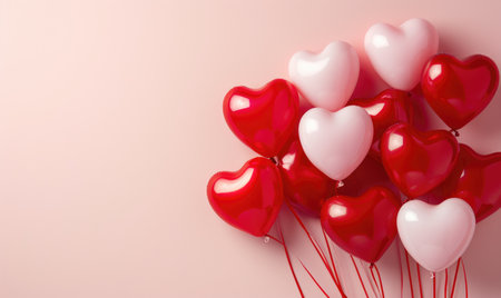 Background with helium balloons in the shape of a heartの素材