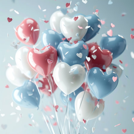 Background with helium balloons in the shape of a heartの素材