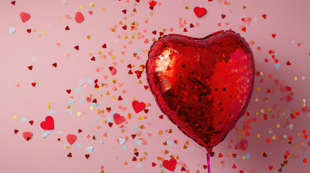 Background with helium balloons in the shape of a heartの素材