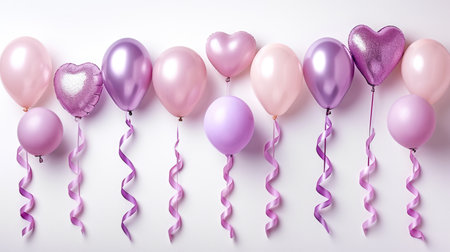 Background with helium balloons in the shape of a heartの素材