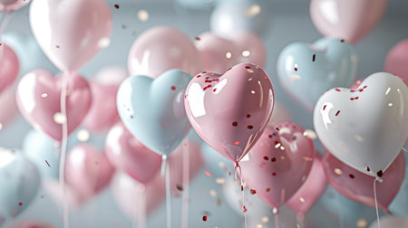 Background with helium balloons in the shape of a heartの素材