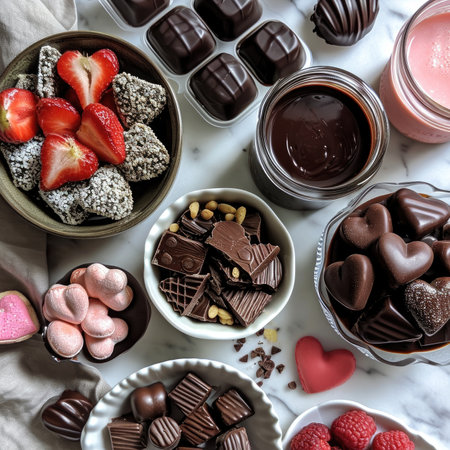 Valentine's Day treats, sweet dessert for birthdays, weddings, flat lay views, soft pastel colorの素材