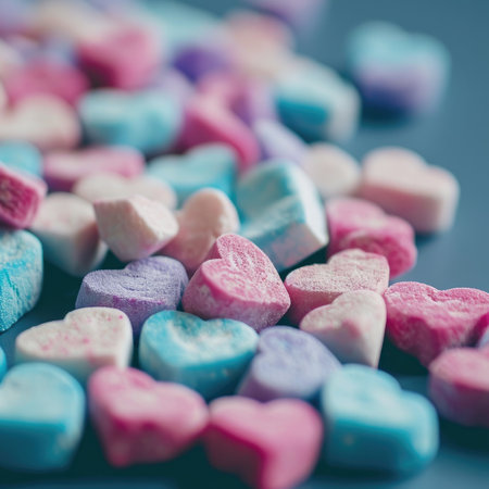 Valentine's Day treats, sweet dessert for birthdays, weddings, flat lay views, soft pastel colorの素材