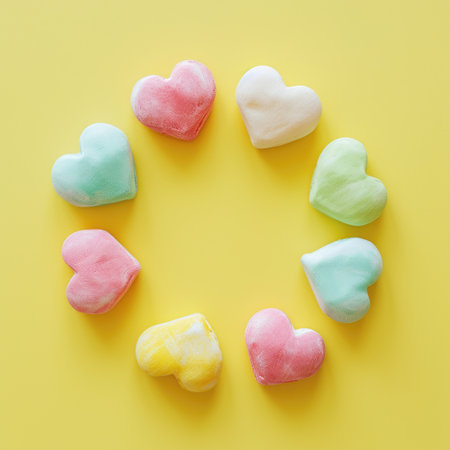 Valentine's Day treats, sweet dessert for birthdays, weddings, flat lay views, soft pastel colorの素材