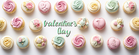 Valentine's Day treats, sweet dessert for birthdays, weddings, flat lay views, soft pastel colorの素材