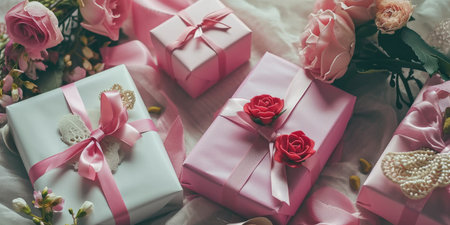 Background with surprise and gift box. Holiday Valentine's Day, birthday, wedding. Romantic presentsの素材