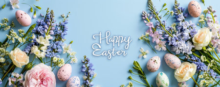 Happy Easter holiday background. Easter eggs ? beautiful spring flowersの素材