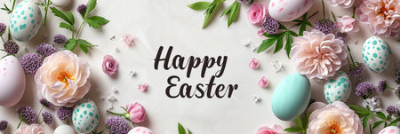 Happy Easter holiday background. Easter eggs ? beautiful spring flowersの素材
