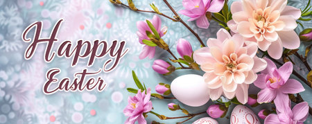 Happy Easter holiday background. Easter eggs ? beautiful spring flowersの素材