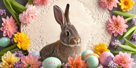 Happy Easter holiday background. Easter bunny, Easter eggs, beautiful spring flowersの素材