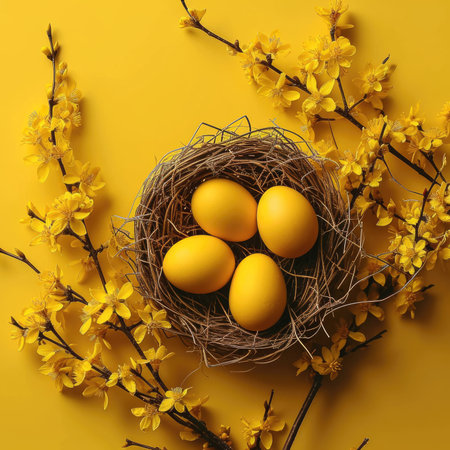 Easter basket with egg holiday background. Easter eggs beautiful colorsの素材