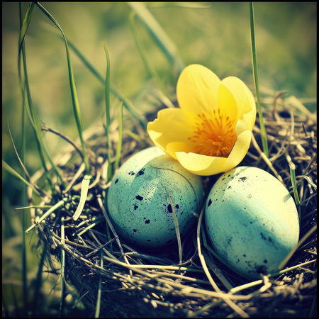 Easter basket with egg holiday background. Easter eggs beautiful colorsの素材