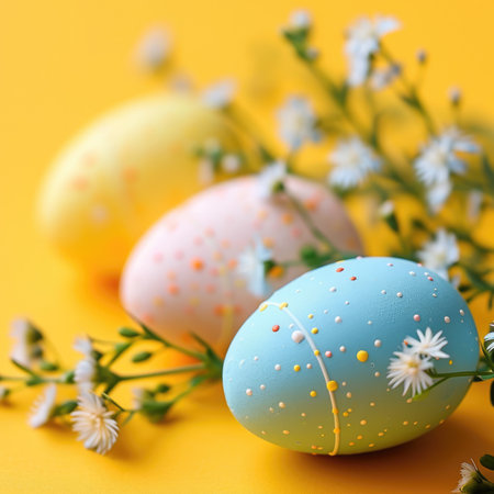 Happy Easter holiday background. Easter eggs ? beautiful spring flowersの素材