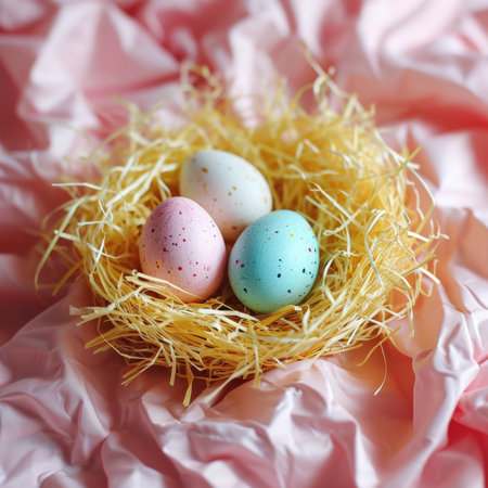 Easter basket with egg holiday background. Easter eggs beautiful colorsの素材