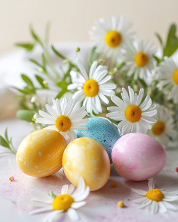 Happy Easter holiday background. Easter eggs ? beautiful spring flowersの素材