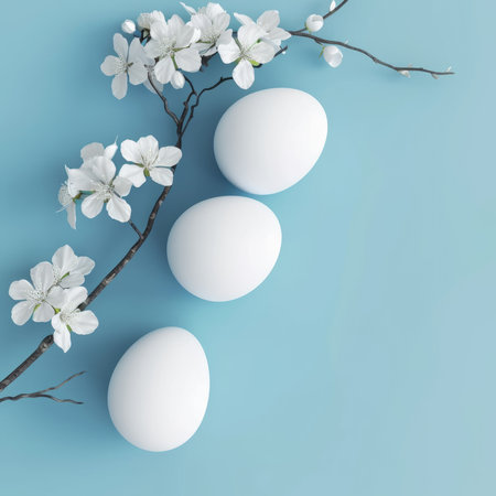 Happy Easter holiday background. Easter eggs ? beautiful spring flowersの素材