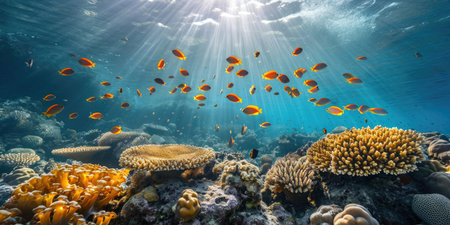 Underwater view of tropical coral reef with fishes and corals. Beautiful marine life, abstract natural background, gorgeous coral garden underwater, tropical. beauty of wild natuの素材