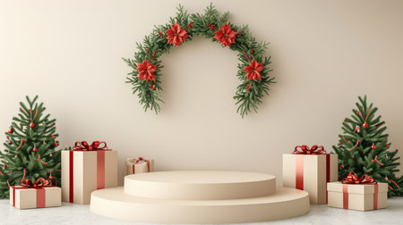 Podium in the background. Studio podium for product advertising. Stage stand. Blank podium. Display platformの素材