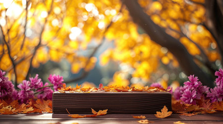 Podium in the Autumn with foliage background. Studio podium for product advertising. Stage stand. Blank podium. Display platformの素材