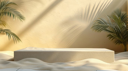 Podium in the beige sand background. Studio podium for product advertising. Stage stand. Blank podium. Display platformの素材