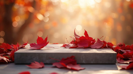 Podium in the Autumn with foliage background. Studio podium for product advertising. Stage stand. Blank podium. Display platformの素材