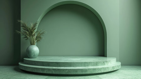 Podium in the green background. Studio podium for product advertising. Stage stand. Blank podium. Display platformの素材